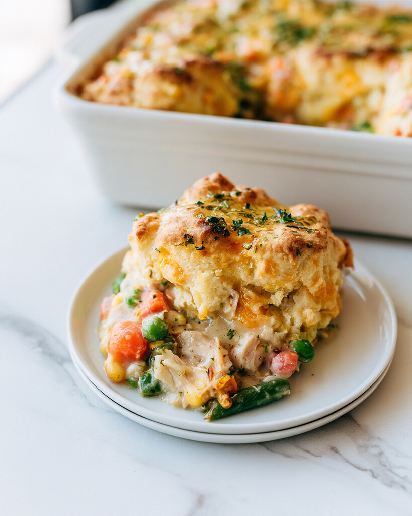 Cheddar Biscuit Chicken Cobbler on a white plate with a crisp golden biscuit crust and creamy vegetable gravy