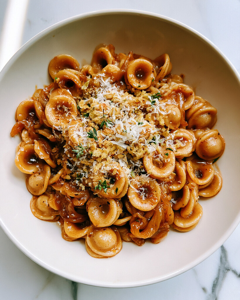 Serving dish of French onion pasta topped with shredded Gruyère cheese, toasted garlic breadcrumbs, and fresh green herb leaves