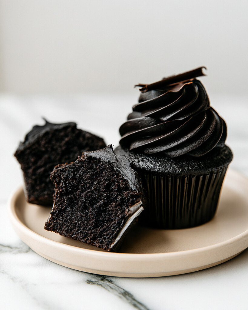 Black velvet cupcakes decorated with dark chocolate curls, next to a sliced half showing the crumb