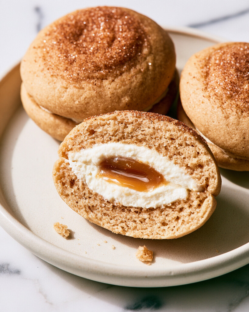 Halved apple cider whoopie pie showing the soft spiced crumb, cream cheese frosting ring, and glossy caramel center