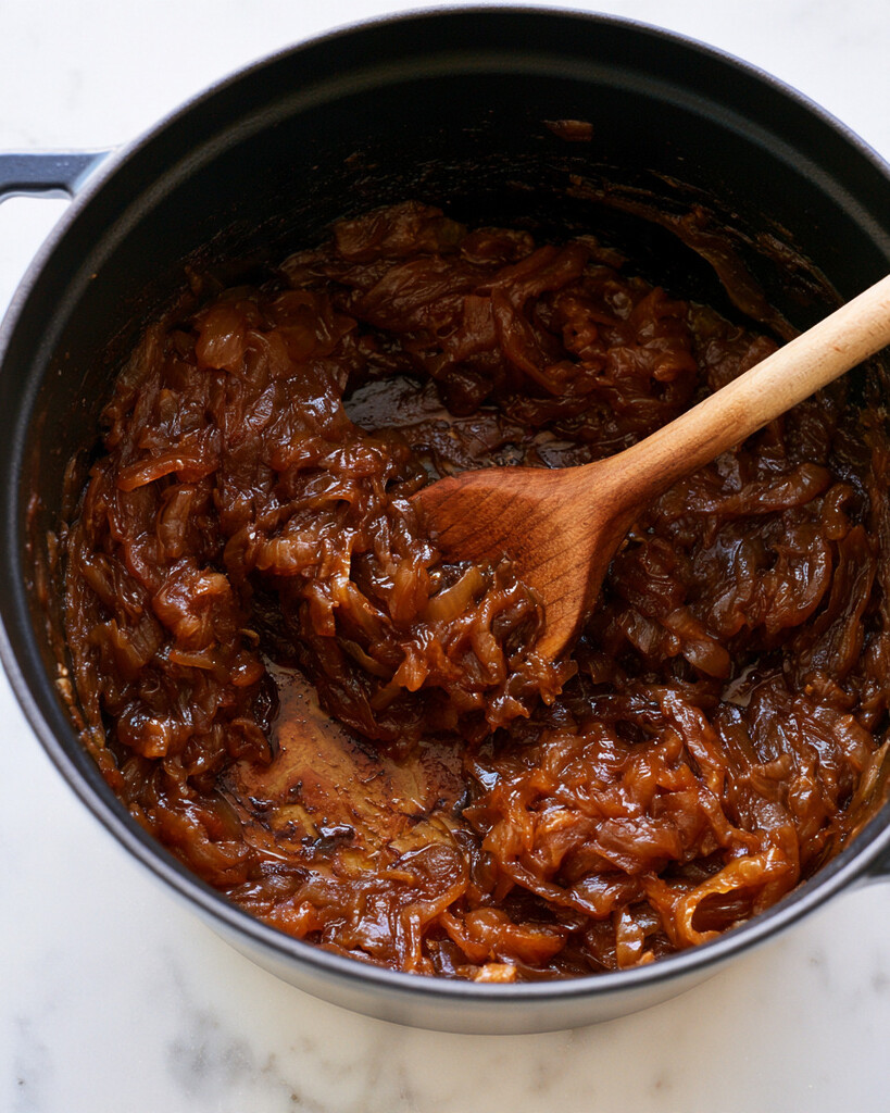 Dark amber caramelized yellow onions cooked down into soft, jammy strands inside a black Dutch oven