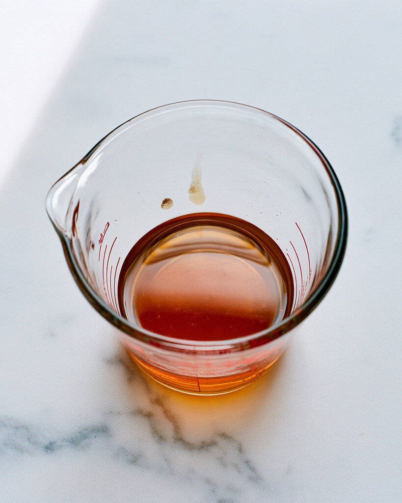Dark amber reduced apple cider in a glass measuring cup