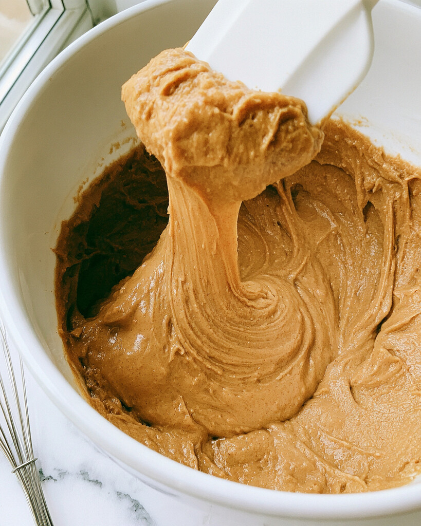 Thick spiced apple cider cake batter ribboning slowly off a silicone spatula into a white mixing bowl