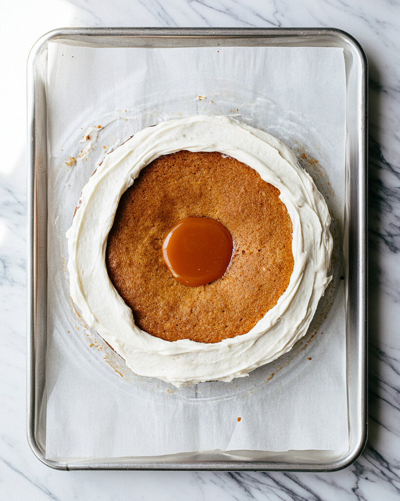Bottom cake round piped with a thick ring of cream cheese frosting and a glossy spoonful of caramel in the center